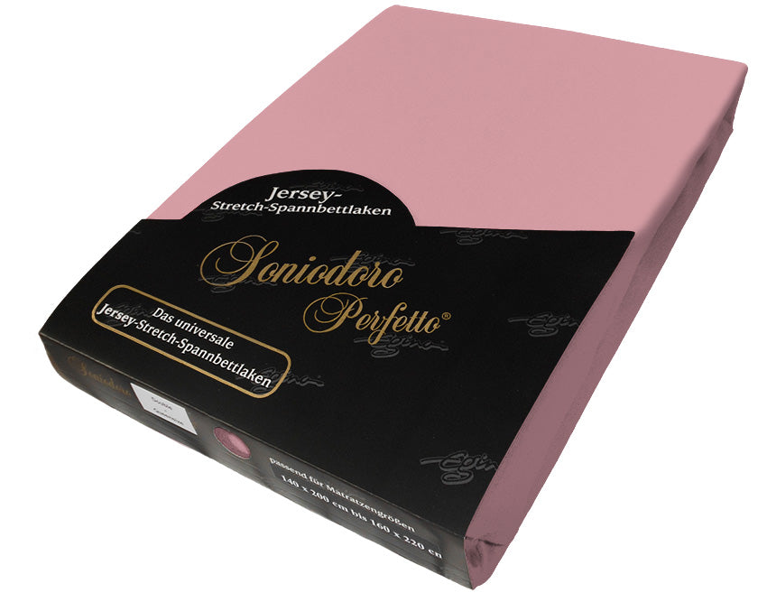 EGINO rosé jersey knit stretch sheet (34-Rosé) in retail packaging, under dim light