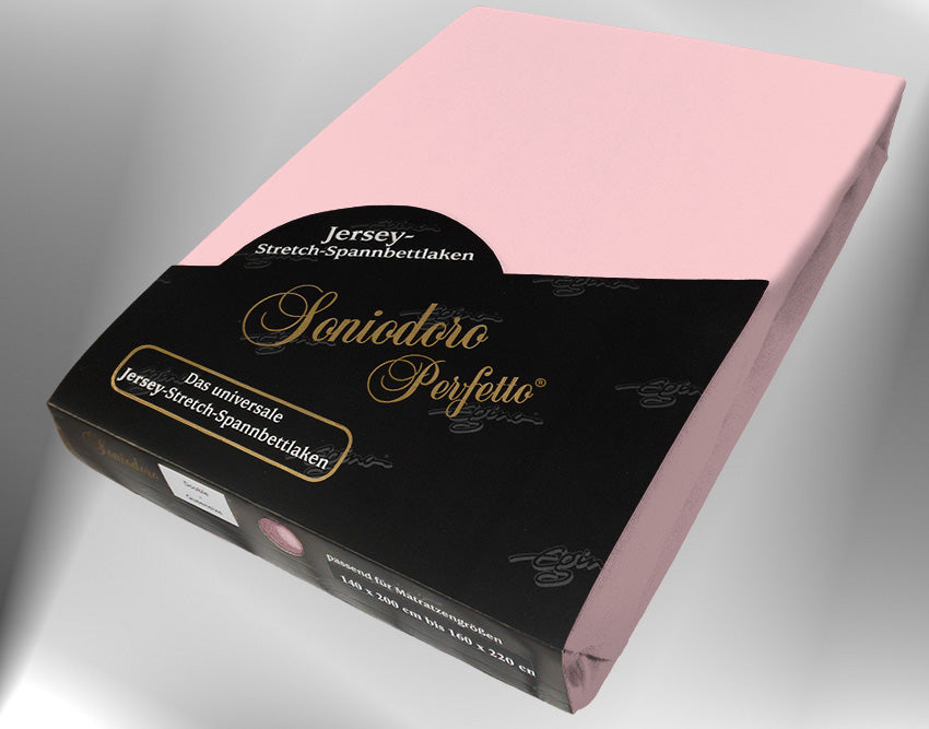EGINO rosé jersey knit stretch sheet (34-rosé) in retail packaging, under dim light