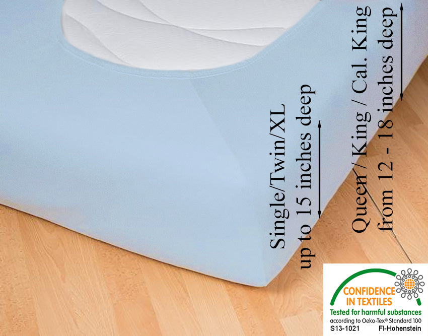 Fitted jersey knit stretch sheet in color 39-bleu, underside showing characteristic oval bottom-hugging mattress, deep pocket up to 18 in, OEKO-TEX certified – Egino.
