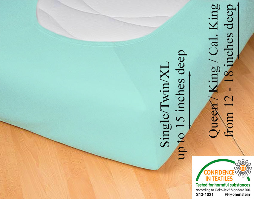 Fitted jersey knit stretch sheet in color 33-mint, underside showing characteristic oval bottom-hugging mattress, deep pocket up to 18 in, OEKO-TEX certified – Egino.