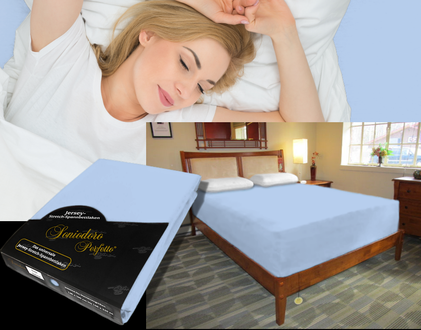 Collage: deep mattress dressed in light-blue jersey stretch sheet, sleeping person, retail packaging — color 39-bleu