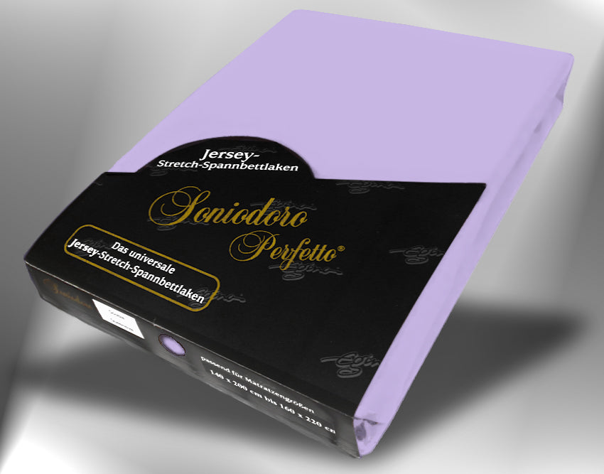 EGINO lilac jersey knit stretch sheet (46-Lilac) in retail packaging, under dim light