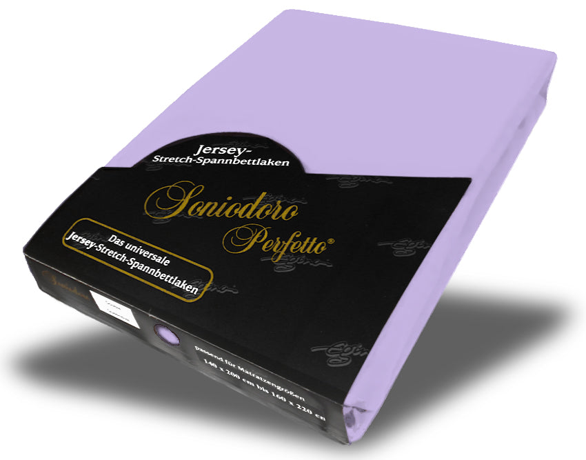 EGINO lilac jersey knit stretch sheet (46-Lilac) in retail packaging, on white background