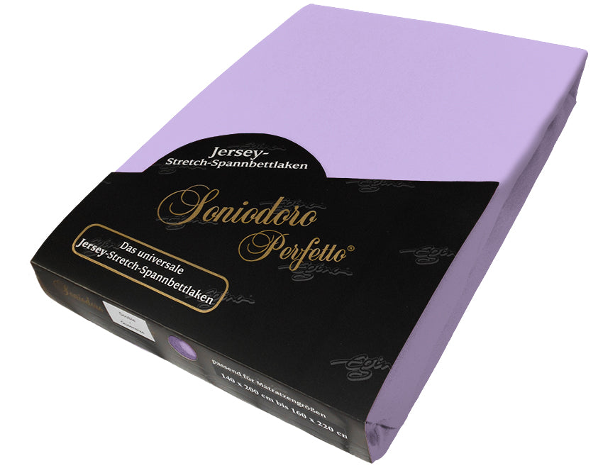 EGINO lilac jersey knit stretch sheet (46-Lilac) in retail packaging, on white background