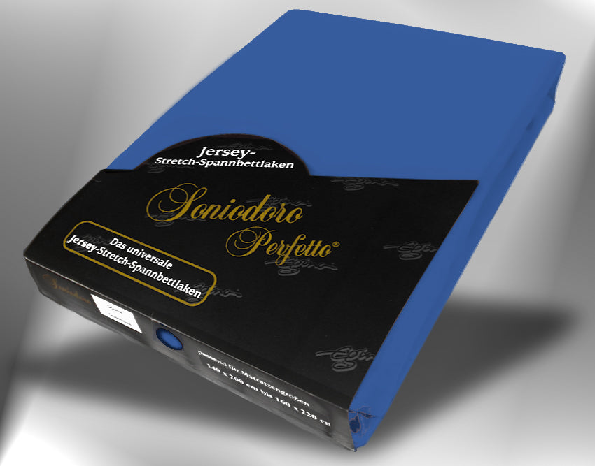 EGINO ocean-blue jersey knit stretch sheet (41-Ocean-Blue) in retail packaging, under dim light