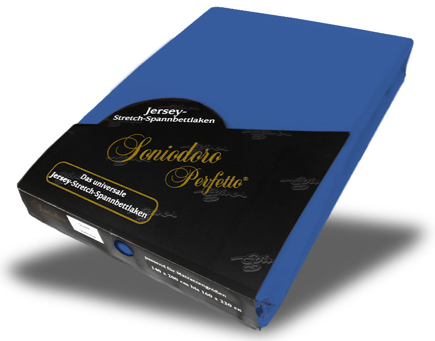 EGINO ocean-blue jersey knit stretch sheet (41-Ocean-Blue) in retail packaging, on white background