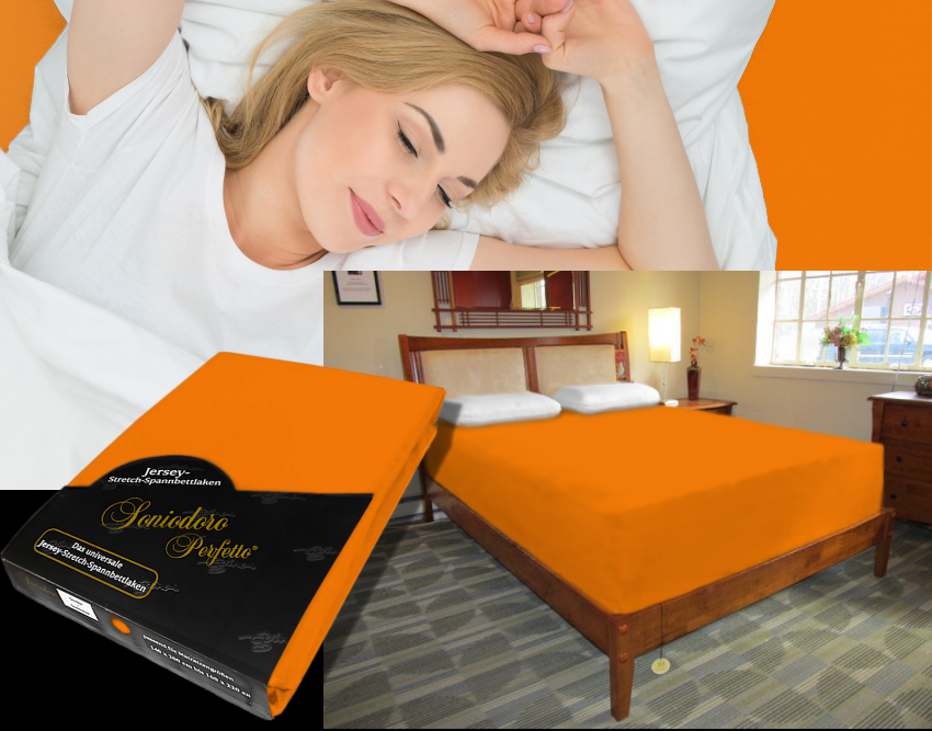 Collage: deep mattress dressed in orange jersey stretch sheet, sleeping person, retail packaging — color 50-orange