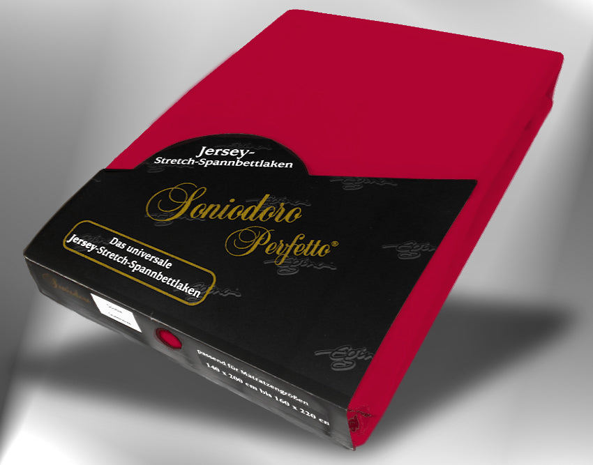 EGINO red jersey knit stretch sheet (37-Red) in retail packaging, under dim light