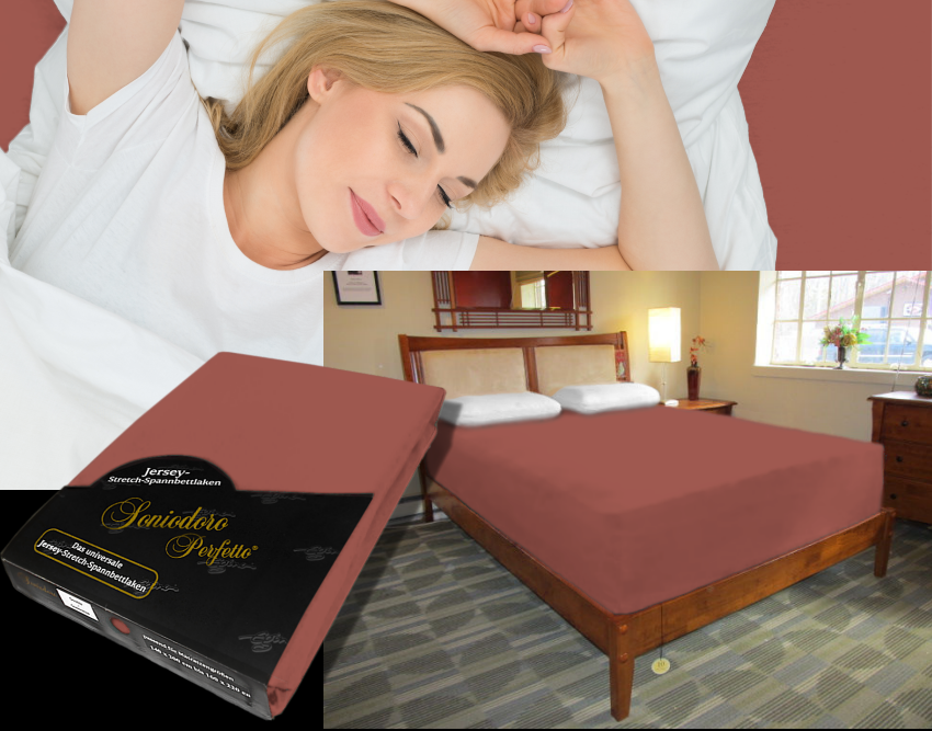 Collage: deep mattress dressed in reddish-brown jersey stretch sheet, sleeping person, retail packaging — color 55-redwood