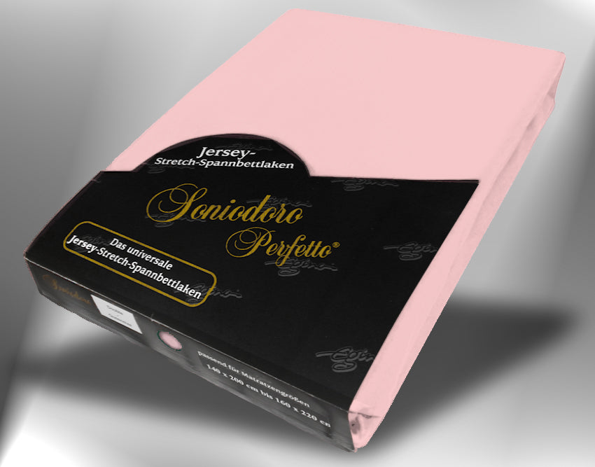 EGINO rosé jersey knit stretch sheet (34-Rosé) in retail packaging, under dim light