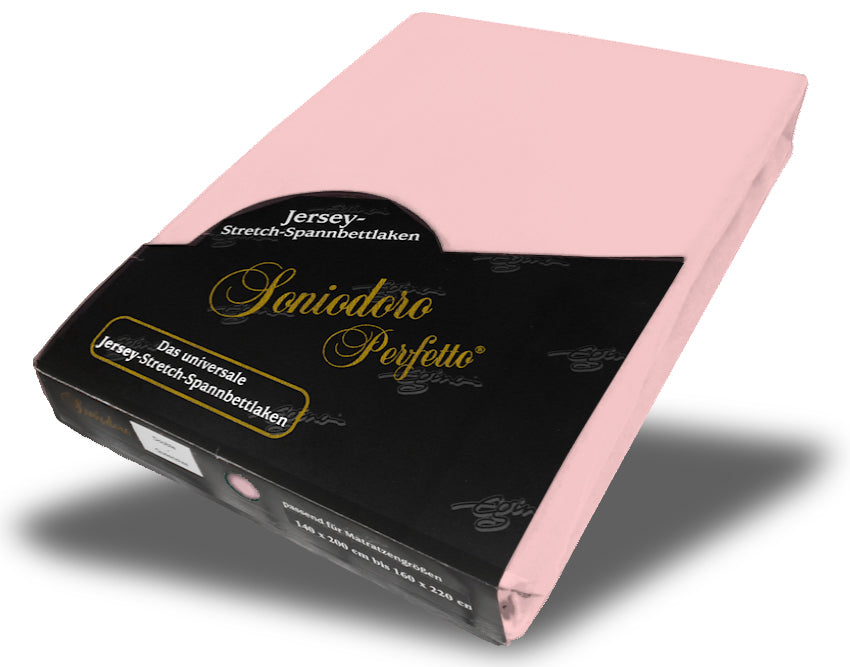 EGINO rosé jersey knit stretch sheet (34-Rosé) in retail packaging, on white background