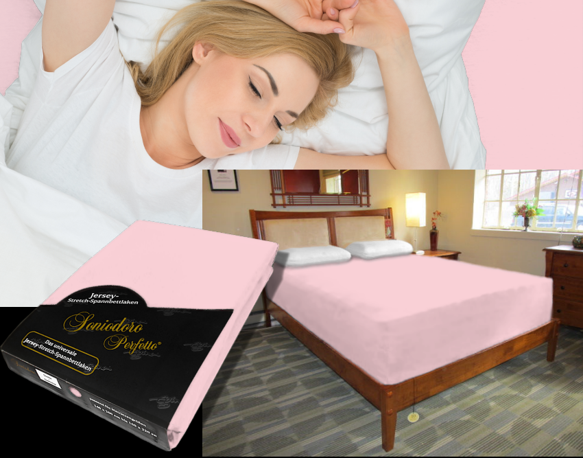 Collage: deep mattress dressed in light-pink / rosé jersey stretch sheet, sleeping person, retail packaging — color 34-rosé