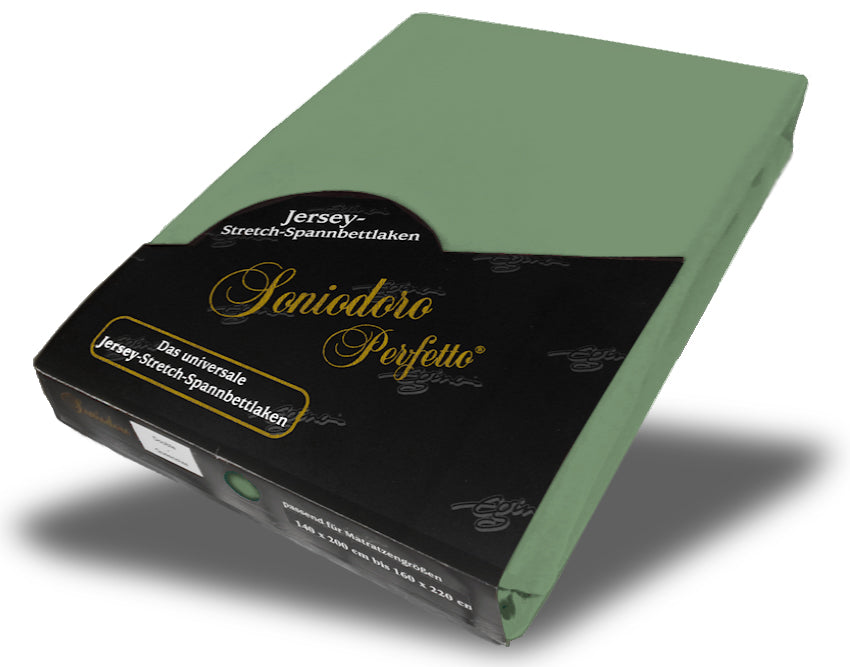 EGINO sage jersey knit stretch sheet (30-Sage) in retail packaging, on white background