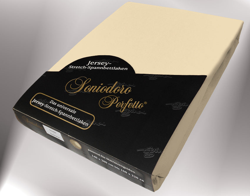 EGINO sand jersey knit stretch sheet (26-Sand) in retail packaging, under dim light