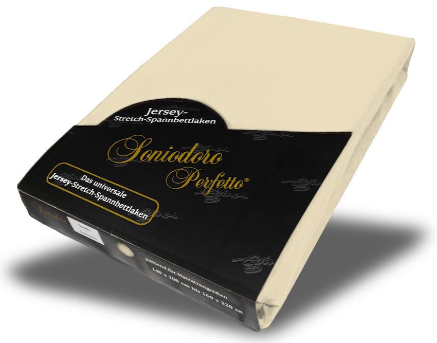 EGINO sand jersey knit stretch sheet (26-Sand) in retail packaging, on white background