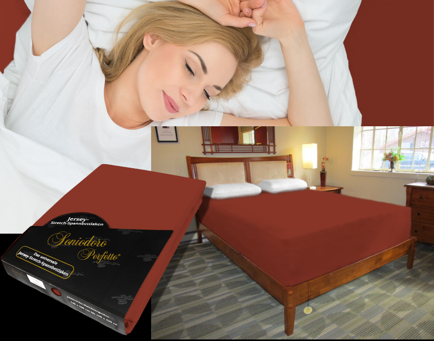 Collage: deep mattress dressed in reddish-brown jersey stretch sheet, sleeping person, retail packaging — color 55-redwood
