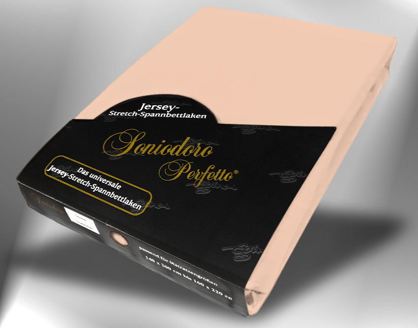 EGINO apricot jersey knit stretch sheet (49-Apricot) in retail packaging, under dim light
