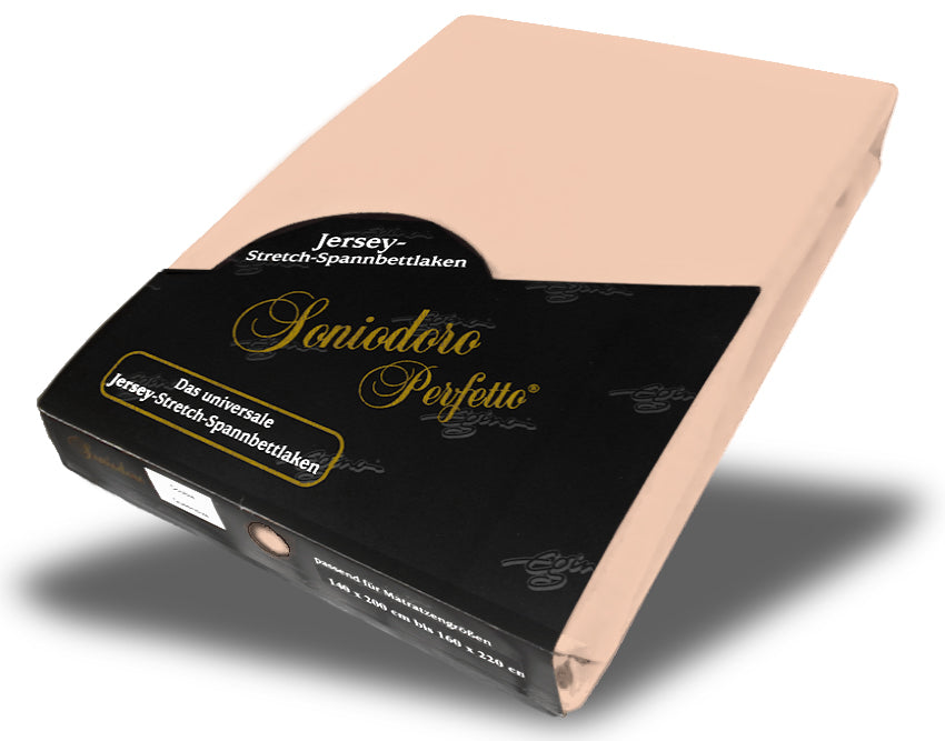 EGINO apricot jersey knit stretch sheet (49-Apricot) in retail packaging, on white background
