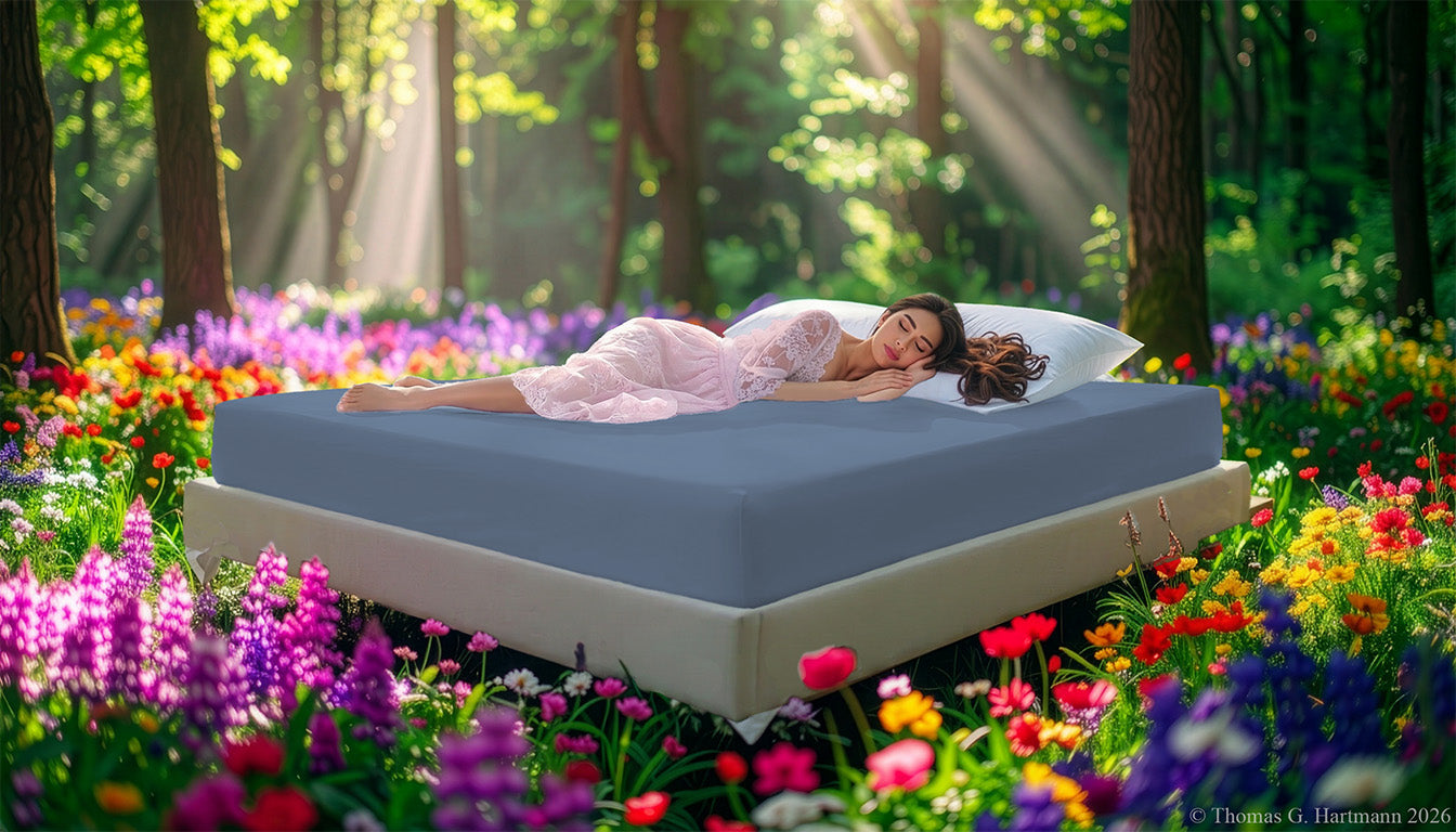 Fitted Jersey Knit stretch sheets in azure with a woman relaxing on the mattress in a European wellness recreational park area, surrounded by vibrant spring wildflowers.