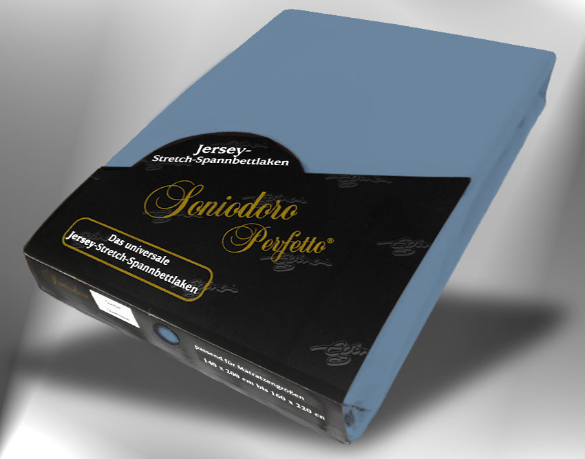 EGINO azure jersey knit stretch sheet (40-Azure) in retail packaging, under dim light
