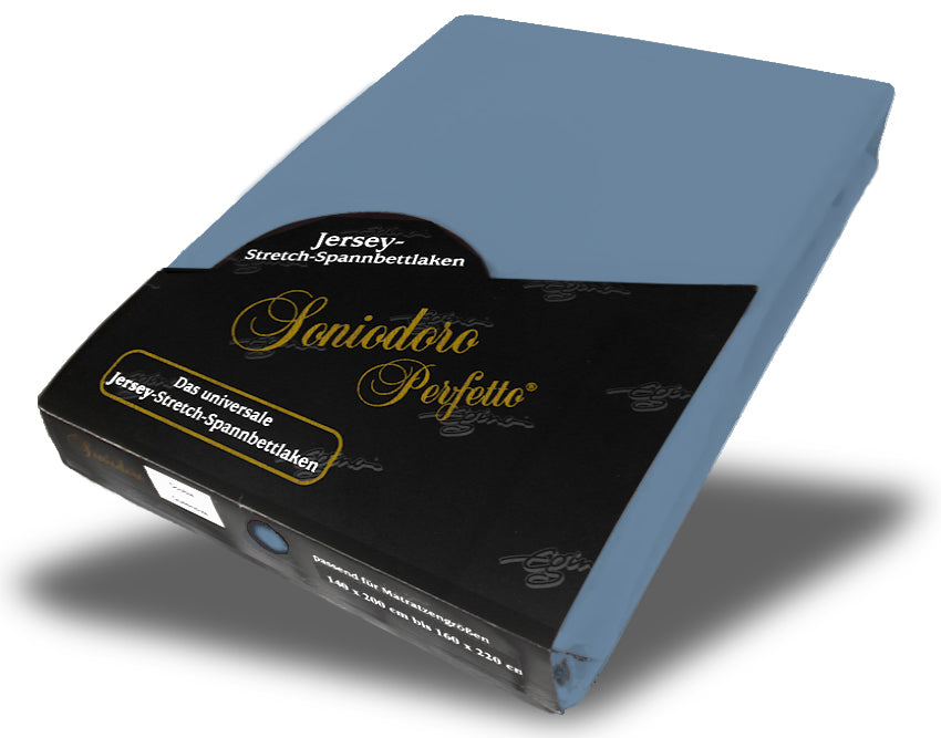 EGINO azure jersey knit stretch sheet (40-Azure) in retail packaging, on white background
