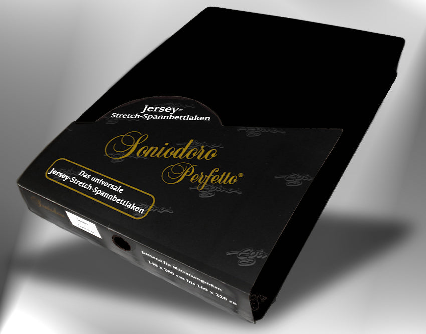 EGINO black jersey knit stretch sheet (43-Black) in retail packaging, under dim light
