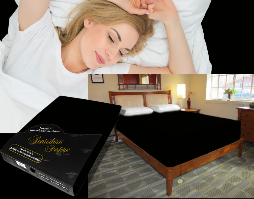Collage: deep mattress dressed in black jersey stretch sheet, sleeping person, retail packaging — color 43-black

