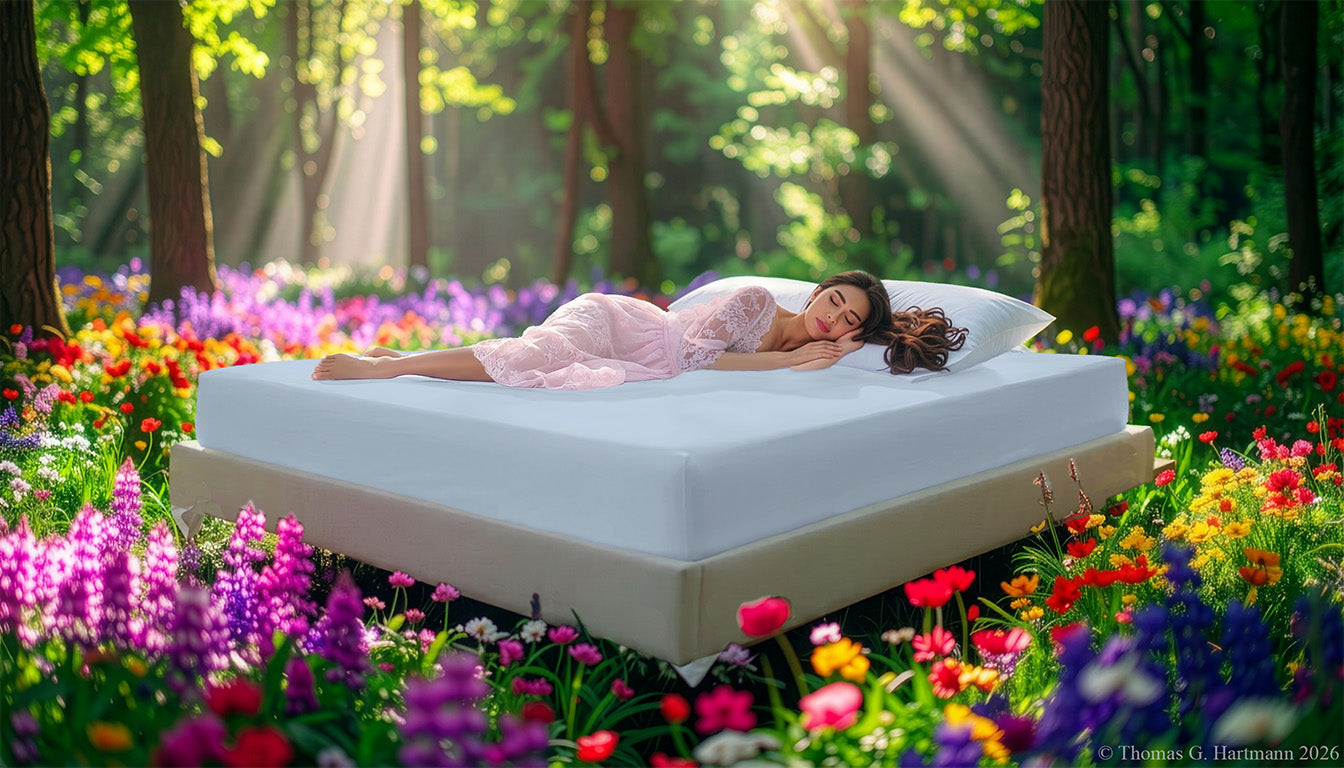 Fitted Jersey Knit stretch sheets in light blue color bleu with a woman relaxing on the mattress in a European wellness recreational park area, surrounded by vibrant spring wildflowers.