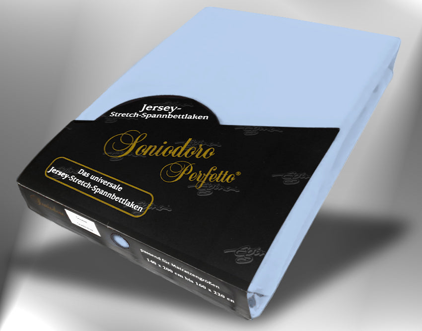 EGINO bleu jersey knit stretch sheet (39-Bleu) in retail packaging, under dim light
