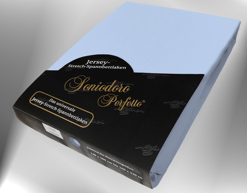 EGINO bleu jersey knit stretch sheet (39-Bleu) in retail packaging, under dim light