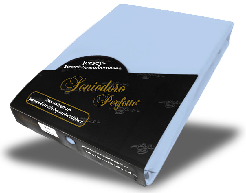 EGINO bleu jersey knit stretch sheet (39-Bleu) in retail packaging, on white background
