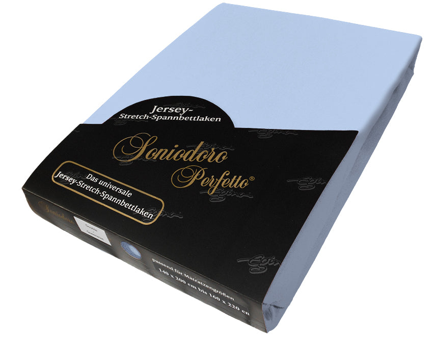 EGINO bleu jersey knit stretch sheet (39-bleu) in retail packaging, on white background