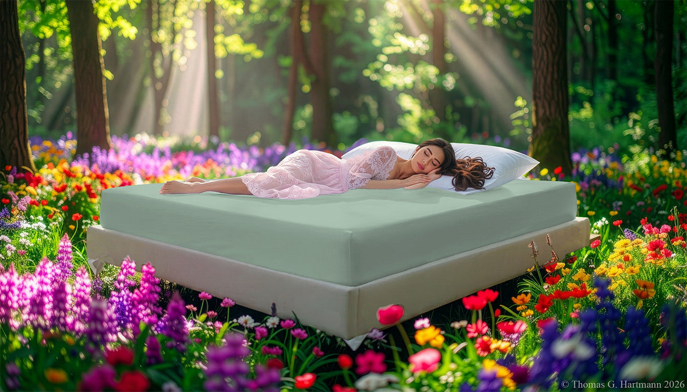 Fitted Jersey Knit stretch sheets in blue-grass color with a woman relaxing on the mattress in a European wellness recreational park area, surrounded by vibrant spring wildflowers.