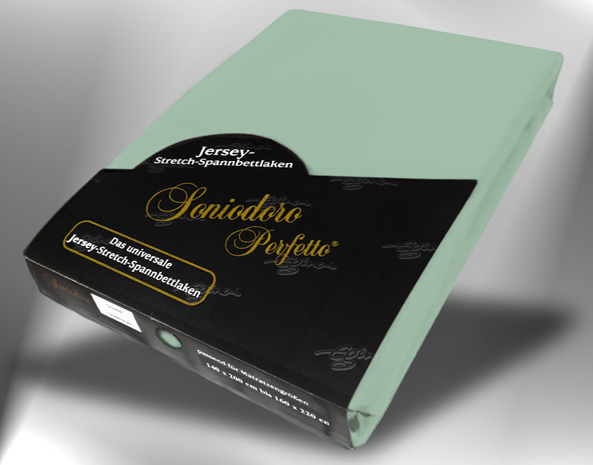 EGINO blue-grass jersey knit stretch sheet (42-Blue-Grass) in retail packaging, under dim light
