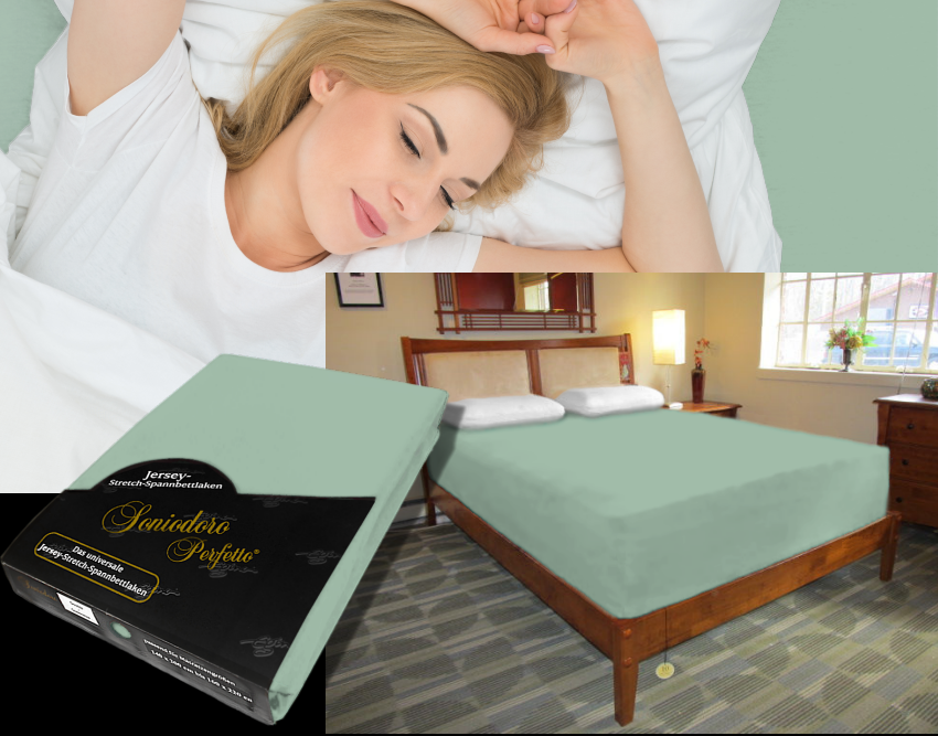 Collage: deep mattress dressed in light bluish green jersey stretch sheet, sleeping person, retail packaging — color 42-blue grass

