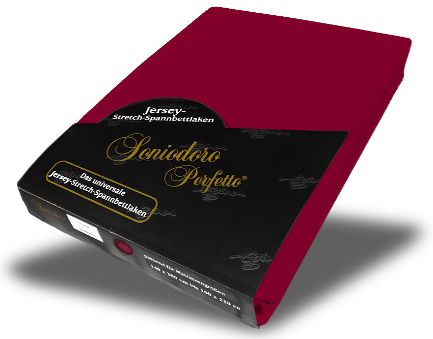 EGINO bordeaux jersey knit stretch sheet (56-Bordeaux) in retail packaging, on white background