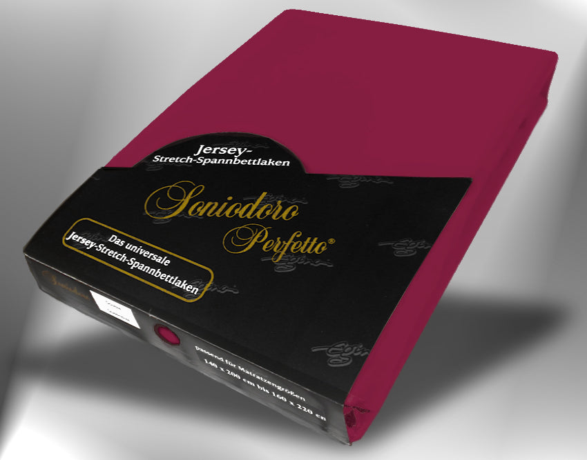 EGINO bordeaux jersey knit stretch sheet (56-Bordeaux) in retail packaging, under dim light
