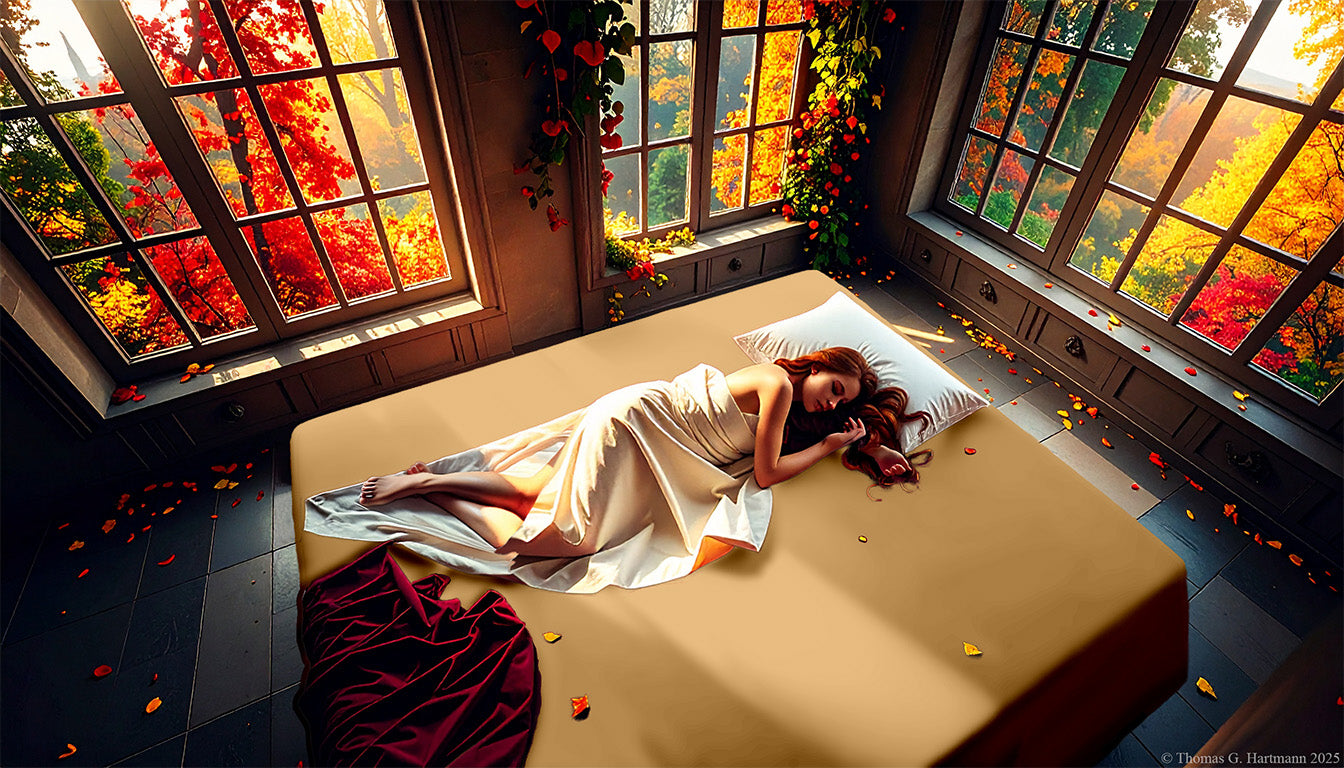 Caramel jersey-knit stretch fitted sheet on an extra-deep mattress — Celtic woman sleeps in an Irish castle aglow with fiery autumn light.