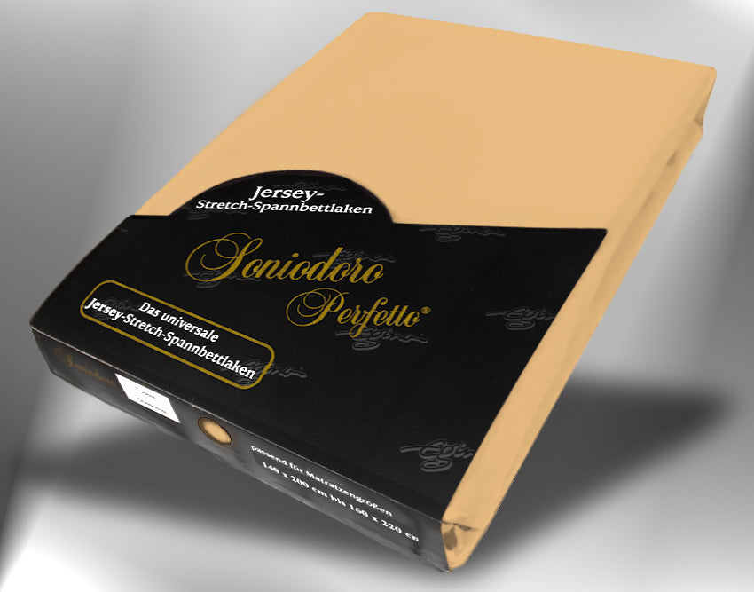 EGINO caramel jersey knit stretch sheet (47-Caramel) in retail packaging, under dim light
