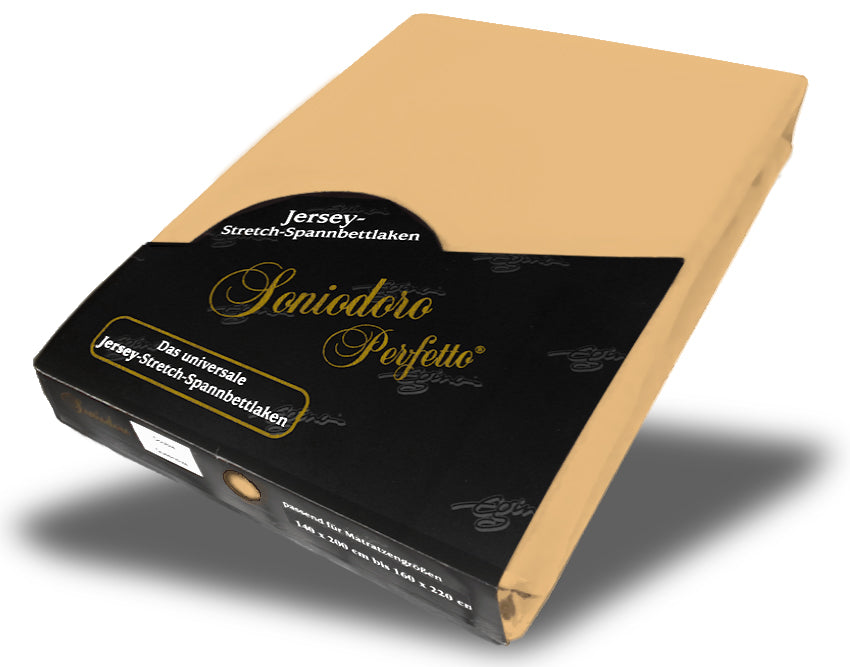 EGINO caramel jersey knit stretch sheet (47-Caramel) in retail packaging, on white background
