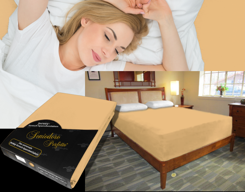 Collage: deep mattress dressed in golden-brown jersey stretch sheet, sleeping person, retail packaging — color 47-caramel
