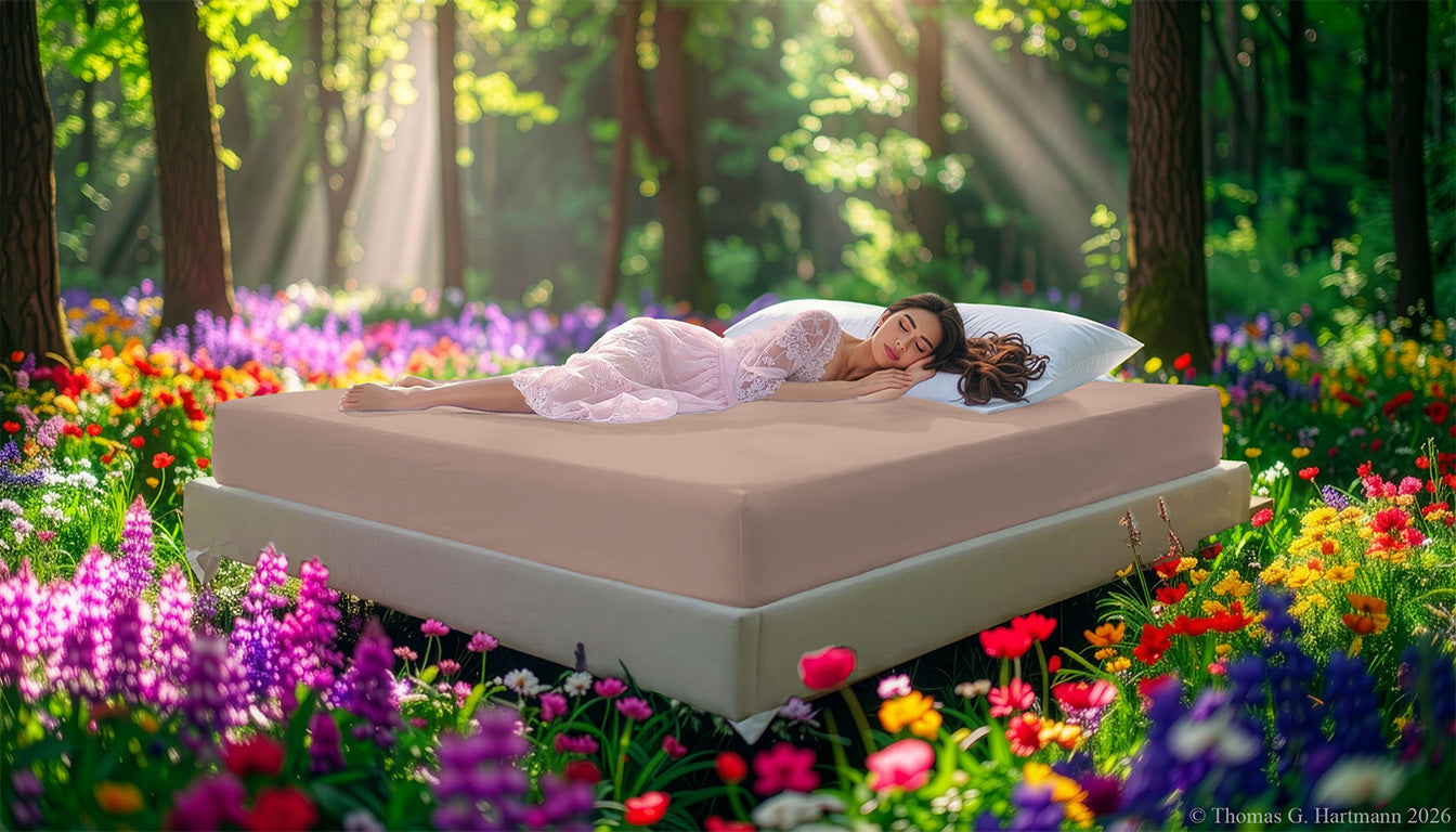 Fitted Jersey Knit stretch sheets in color chocolate-milk with a woman relaxing on the mattress in a European wellness recreational park area, surrounded by vibrant spring wildflowers.