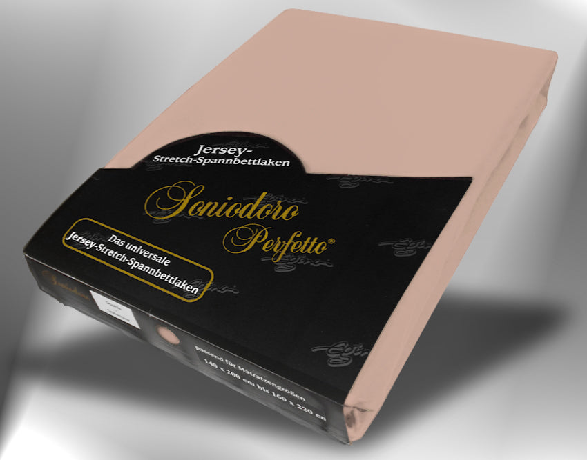 EGINO chocolate-milk jersey knit stretch sheet (25-Chocolate-Milk) in retail packaging, under dim light
