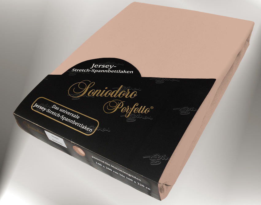 EGINO chocolate-milk jersey knit stretch sheet (25-Chocolate-Milk) in retail packaging, under dim light