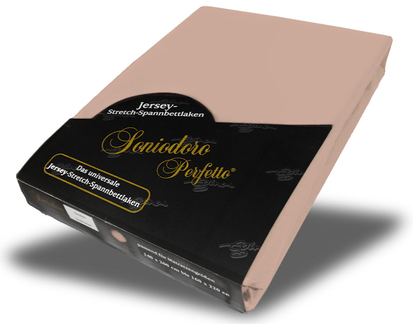 EGINO chocolate-milk jersey knit stretch sheet (25-Chocolate-Milk) in retail packaging, on white background
