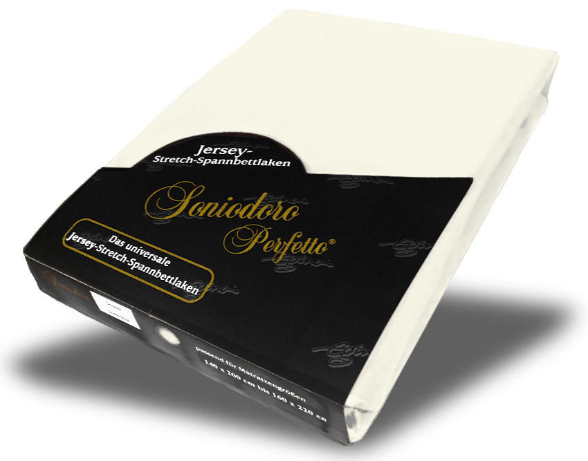 EGINO cream jersey knit stretch sheet (22-Cream) in retail packaging, on white background
