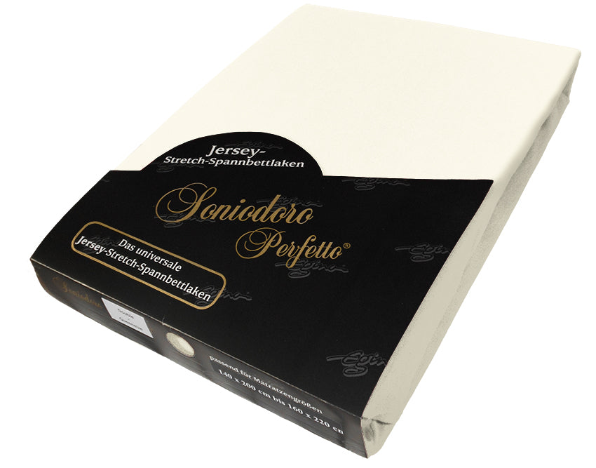 EGINO cream jersey knit stretch sheet (22-Cream) in retail packaging, on white background