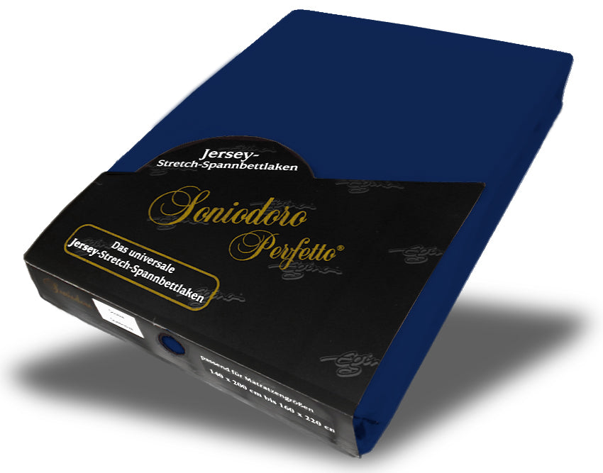 EGINO dark-navy jersey knit stretch sheet (44-Dark-Navy) in retail packaging, on white background