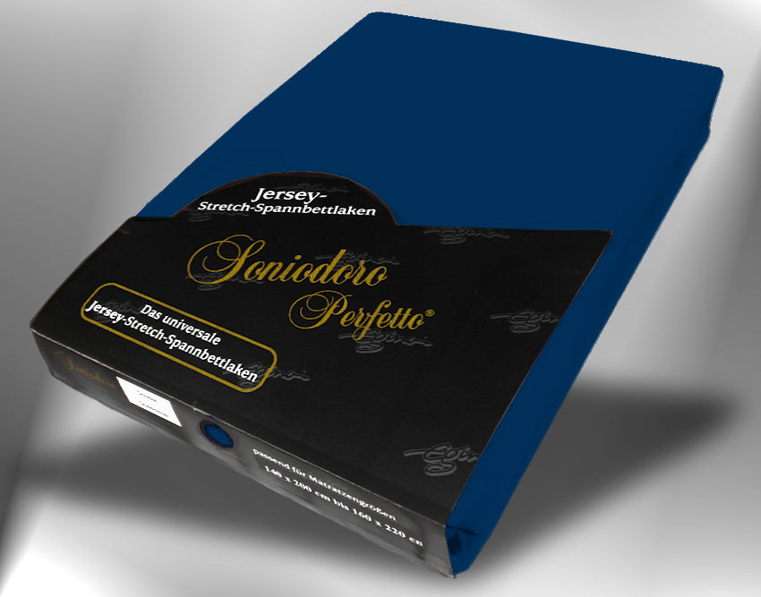 EGINO dark-navy jersey knit stretch sheet (44-Dark-Navy) in retail packaging, under dim light
