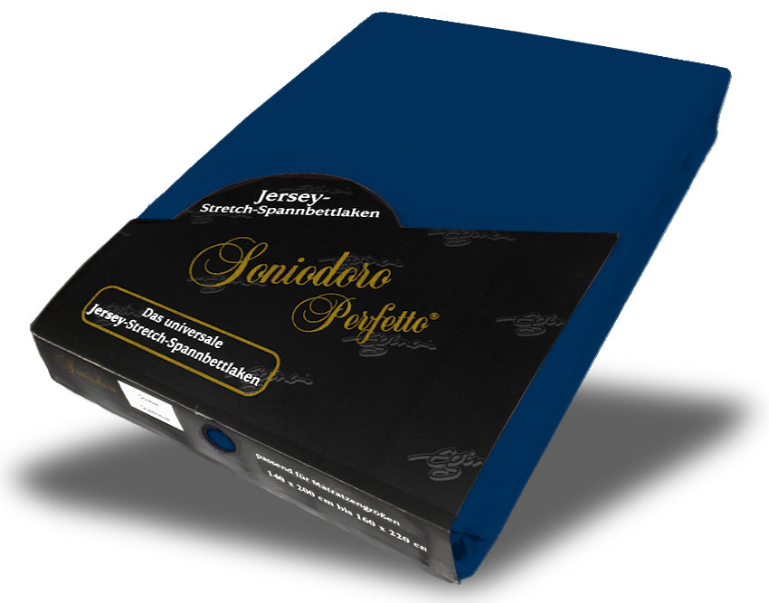 EGINO dark-navy jersey knit stretch sheet (44-Dark-Navy) in retail packaging, on white background
